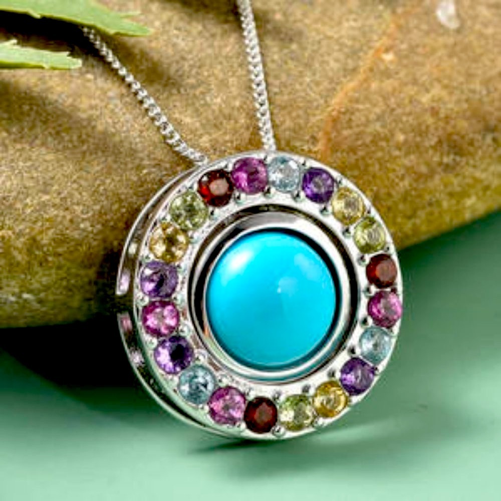 AMERICAN Natural Sleeping Beauty Turquoise and Multi Gemstone Halo Pendant